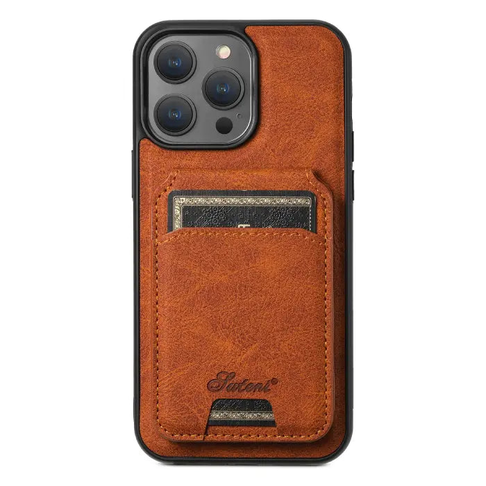 Orange leather iPhone case with back card holder slot and bold vintage-style stitching.