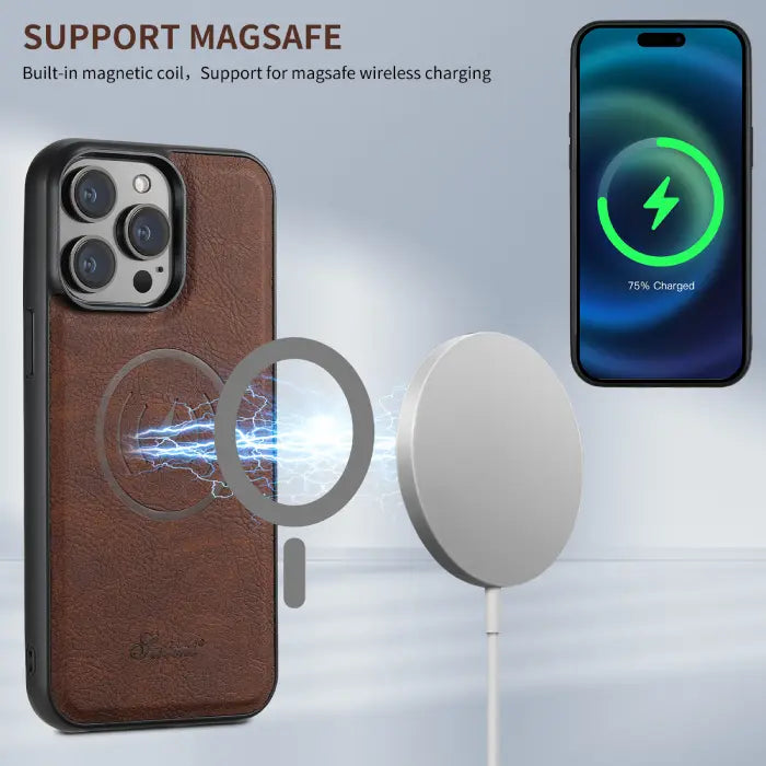 MagSafe-compatible iPhone case with card holder in brown showing wireless charging in action.