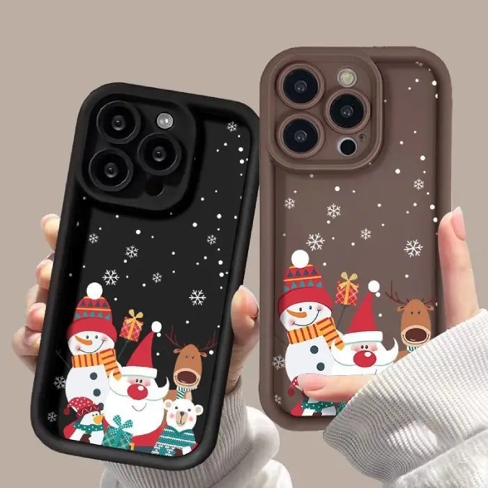 festive Iphone case in brown and black with Christmas decorations, snowman, santa, rudolf a penguin and white bear.  Compatible with iphone 12-16