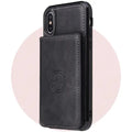 iPhone leather phone case in black with built-in card pocket and wireless charging compatibility featuring contrast stitching