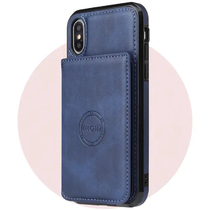 iPhone leather phone case in navy blue featuring card storage pocket and embossed wireless charging symbol on premium material