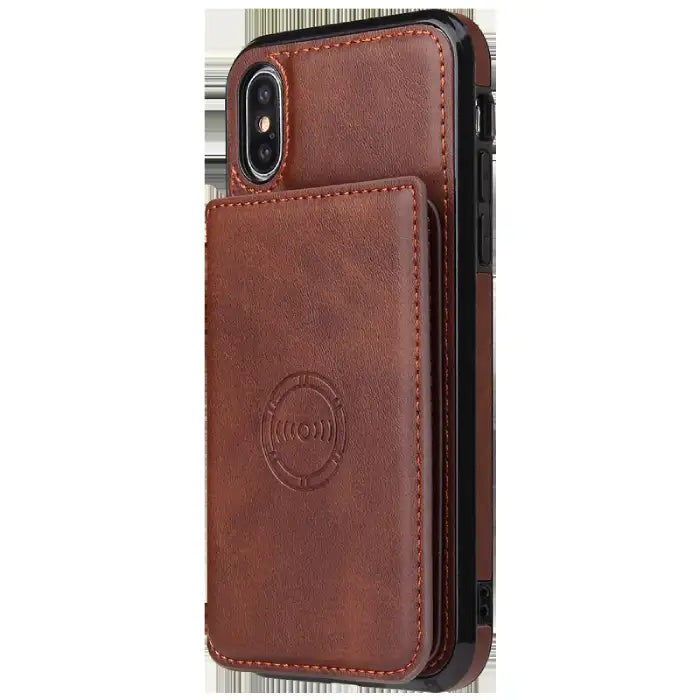 iPhone leather phone case in rich brown with integrated card slot pocket and wireless charging capability for professional use