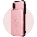 iPhone leather phone case in soft pink with convenient card holder pocket and wireless charging technology in modern slim design