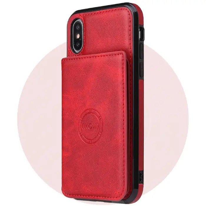 iPhone leather phone case in vibrant red featuring card holder compartment and wireless charging compatibility with elegant stitching