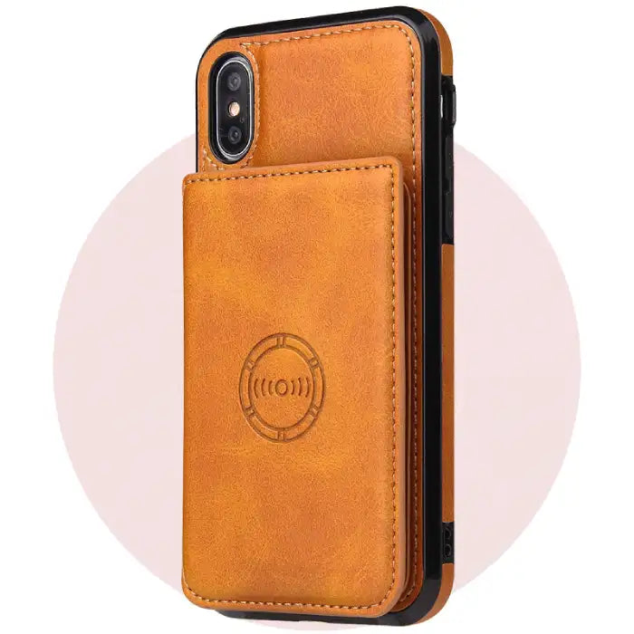 iPhone leather phone case in tan camel color with card holder pocket and wireless charging functionality in minimalist design