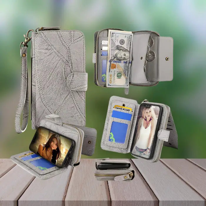 iPhone magnetic wallet multi-function design showing cash storage, card organization and phone stand capabilities in one stylish solution