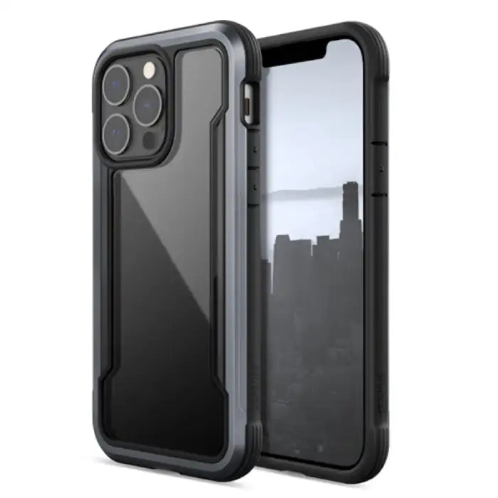 iPhone case with black protective bumper frame and transparent back panel offering military-grade protection for modern devices