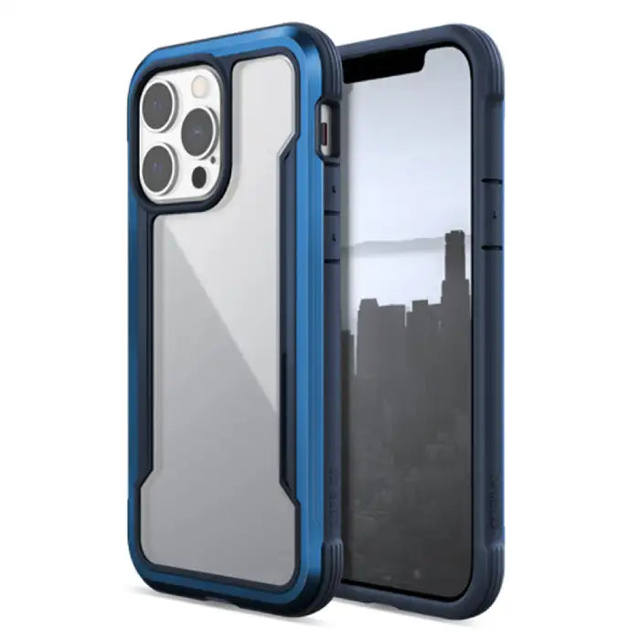 iPhone case with blue protective bumper frame and transparent back offering premium shockproof protection for modern Apple devices