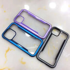 iPhone case variety showcasing multiple colored protective bumpers including purple, black, red and blue with transparent back panels