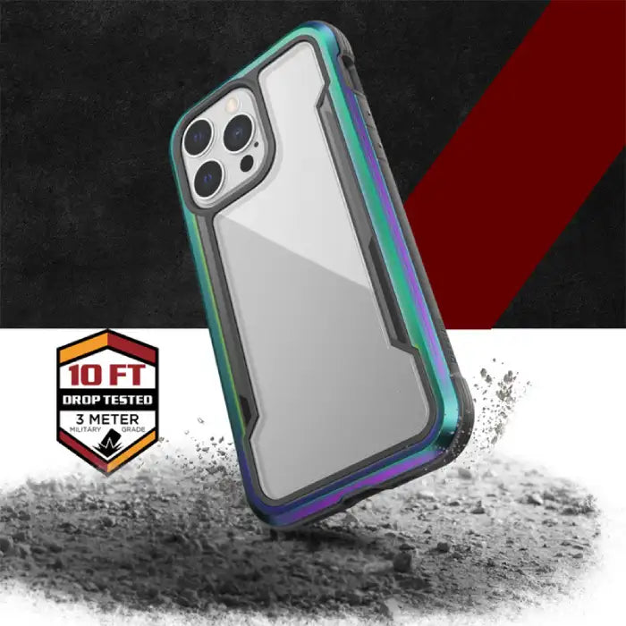 iPhone case with military-grade 10ft drop protection featuring teal rainbow bumper and transparent back certified for extreme durability