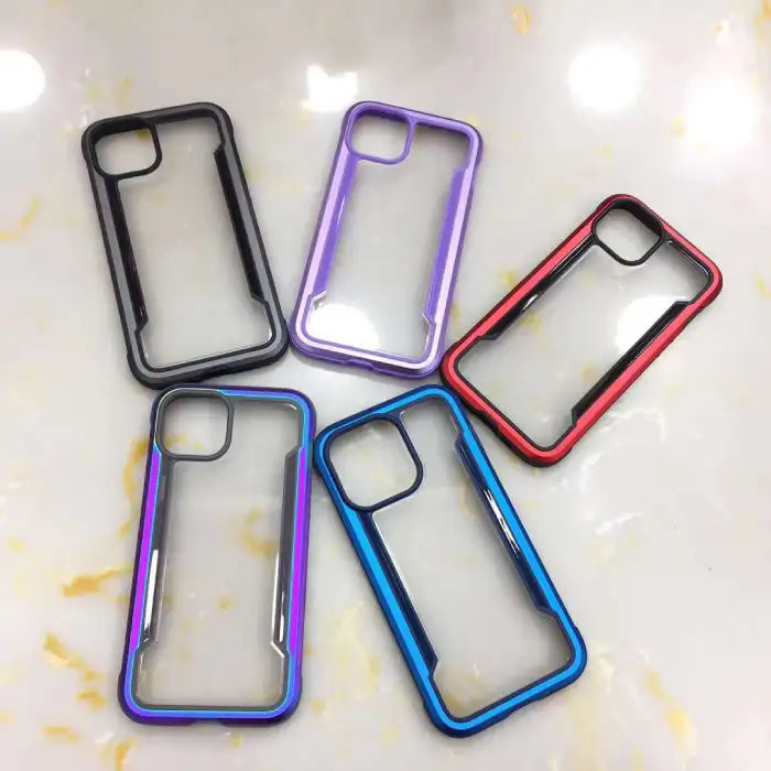 iPhone case collection featuring purple, blue and black bumper frames with transparent backs for stylish device protection

