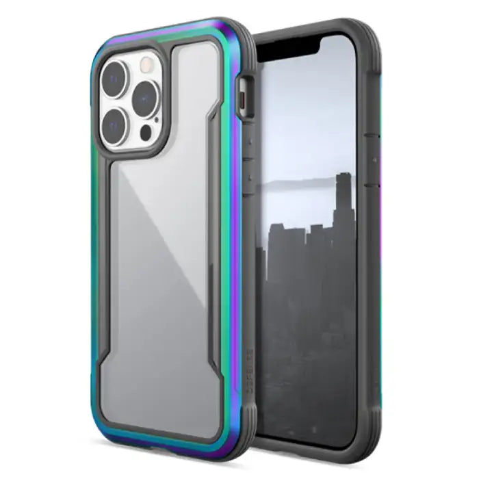 iPhone case featuring iridescent rainbow bumper frame with clear back panel providing stylish protection for Apple smartphone