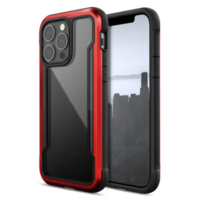 iPhone case with vibrant red protective bumper frame and clear back panel offering premium drop protection for Apple devices