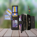 iPhone wallet case interior showing 14 card slots, photo holders and zipper compartment for complete organization