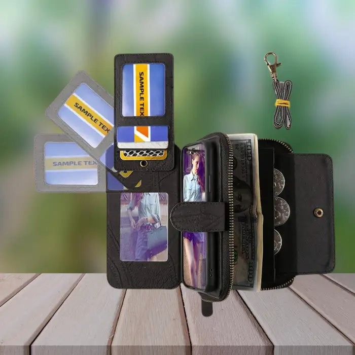 iPhone wallet case interior showing 14 card slots, photo holders and zipper compartment for complete organization