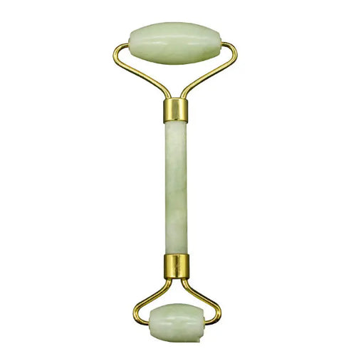 Jade facial roller with gold accents on a white background