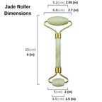 Jade roller with dimensions labeled on a white background