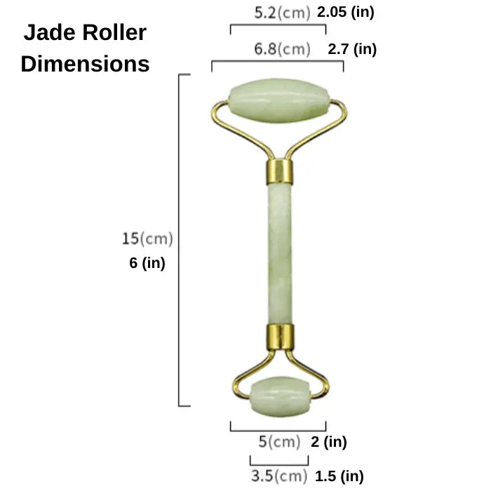 Jade roller with dimensions labeled on a white background