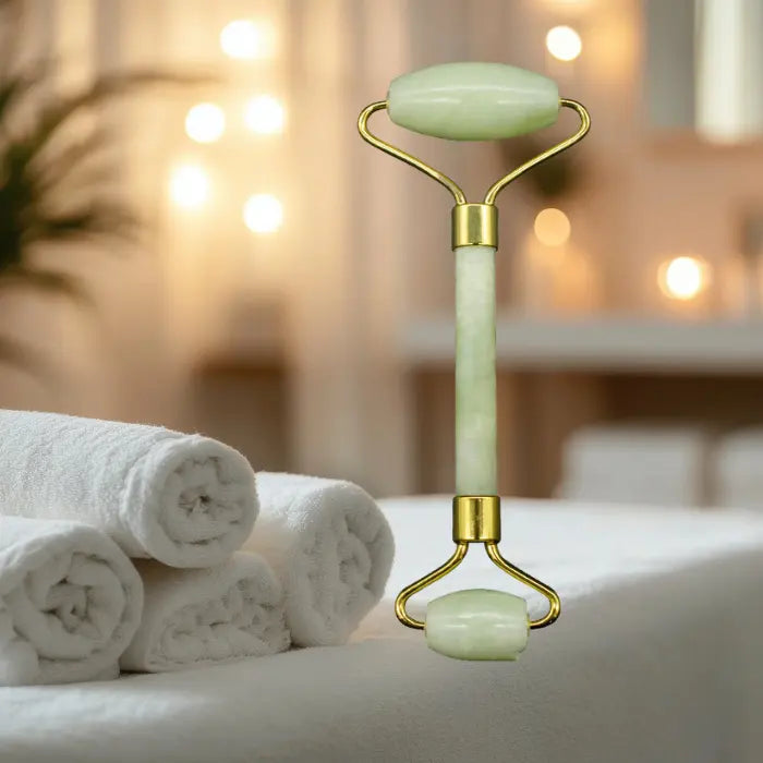 Glowing jade roller on a bed with white towels and blurred lights in the background
