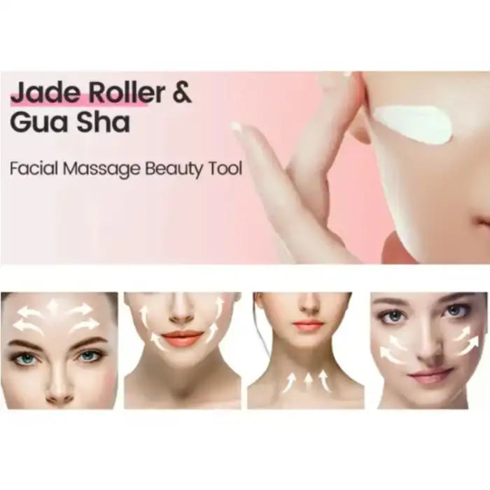 Jade roller and gua sha beauty massage guide showing facial directions and usage zones