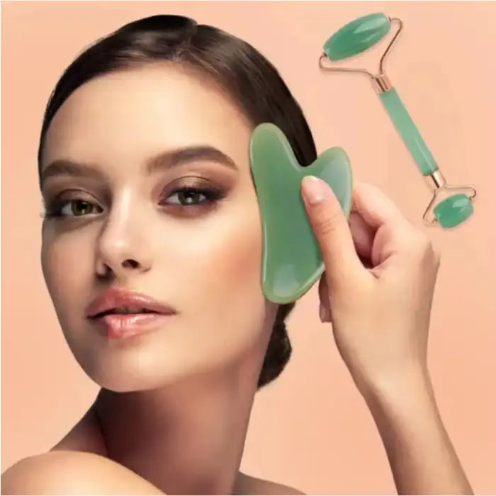 Jade roller facial massage tool with gua sha used on cheek for skincare and lifting benefits