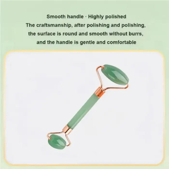 Jade roller tool with smooth highly polished green handle and dual massage heads for face