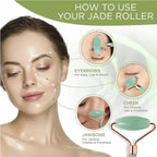 Jade roller facial massage instructions showing areas for eyebrows, cheek, and jawbone usage
