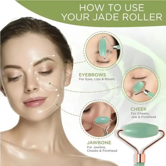 Jade roller facial massage instructions showing areas for eyebrows, cheek, and jawbone usage