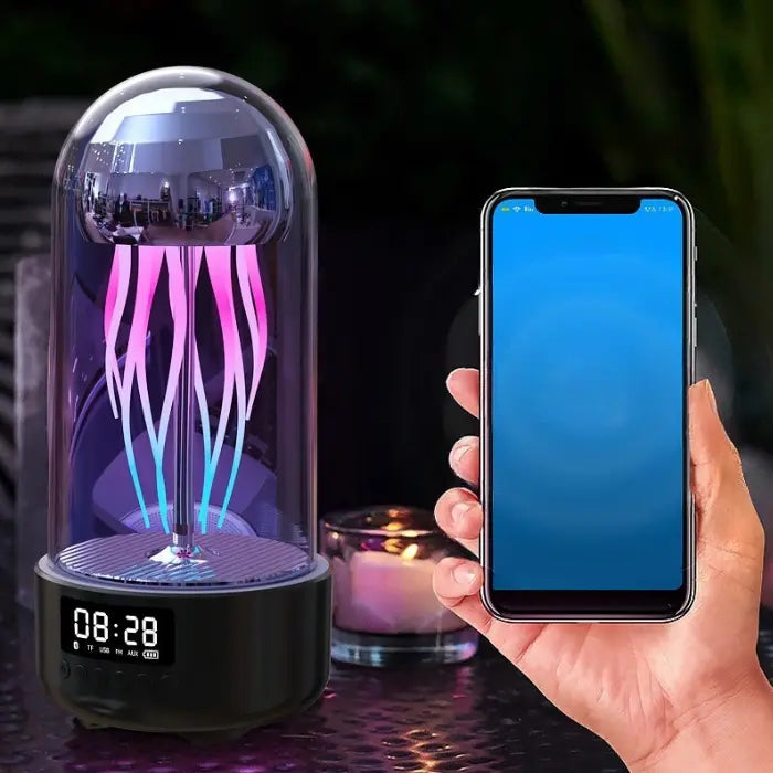 Jellyfish-shaped light speaker with Bluetooth connectivity and 10-meter range, shown with smartphone