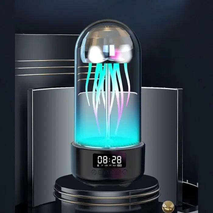 Business gray jellyfish-shaped light speaker in glass dome on display stand with digital clock