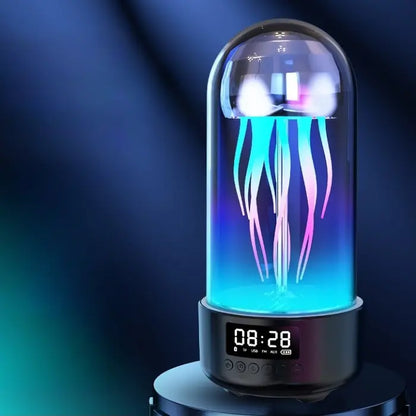 Colorful jellyfish-shaped light in glass dome with digital clock and speaker features