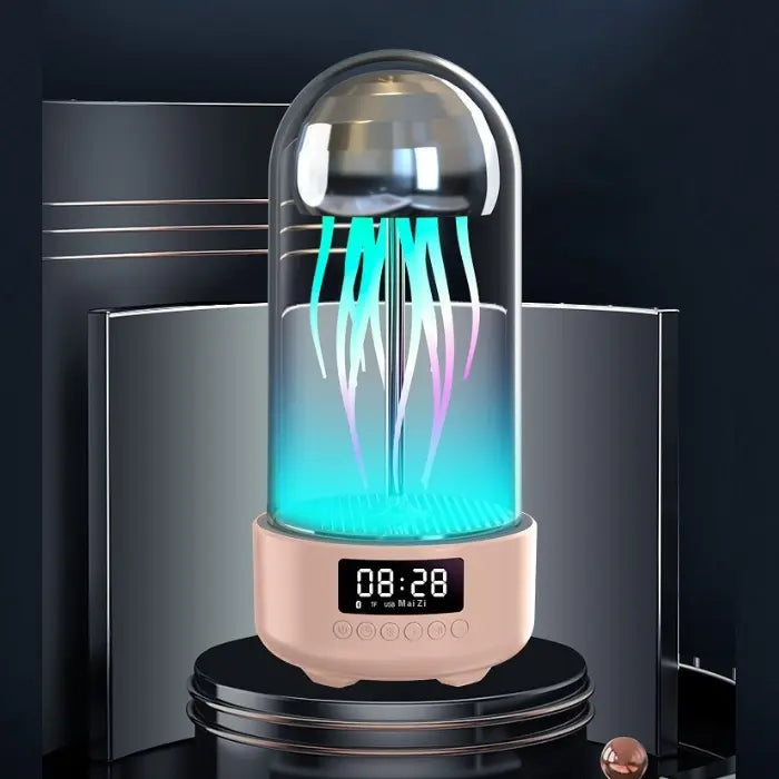 Light pink jellyfish-shaped speaker with colorful illumination and digital clock display