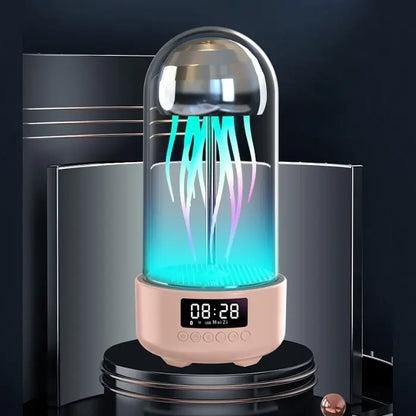 Light pink jellyfish-shaped speaker with colorful illumination and digital clock display