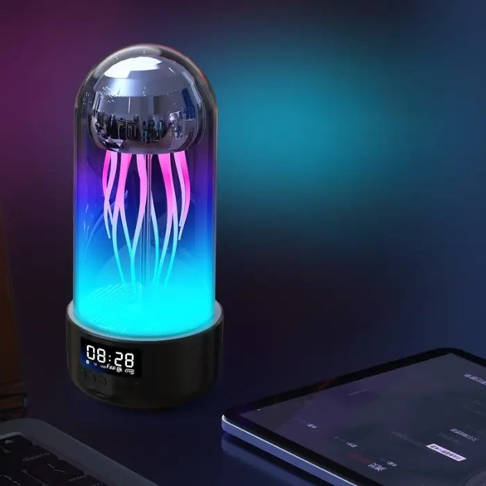 Colorful jellyfish-shaped light in glass dome with digital clock, long battery life, and speaker features