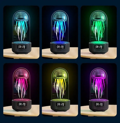 Six jellyfish-shaped light speakers displaying various color options and digital clock feature