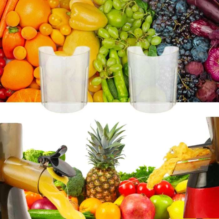 Dual collection cups with colorful fresh fruits and vegetables arranged in rainbow pattern for juice extraction