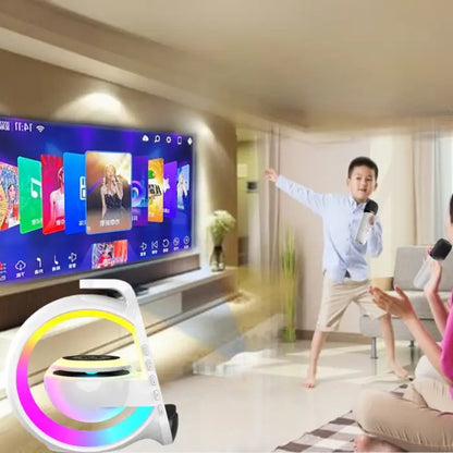 Family karaoke system with wireless speaker and colorful lights.