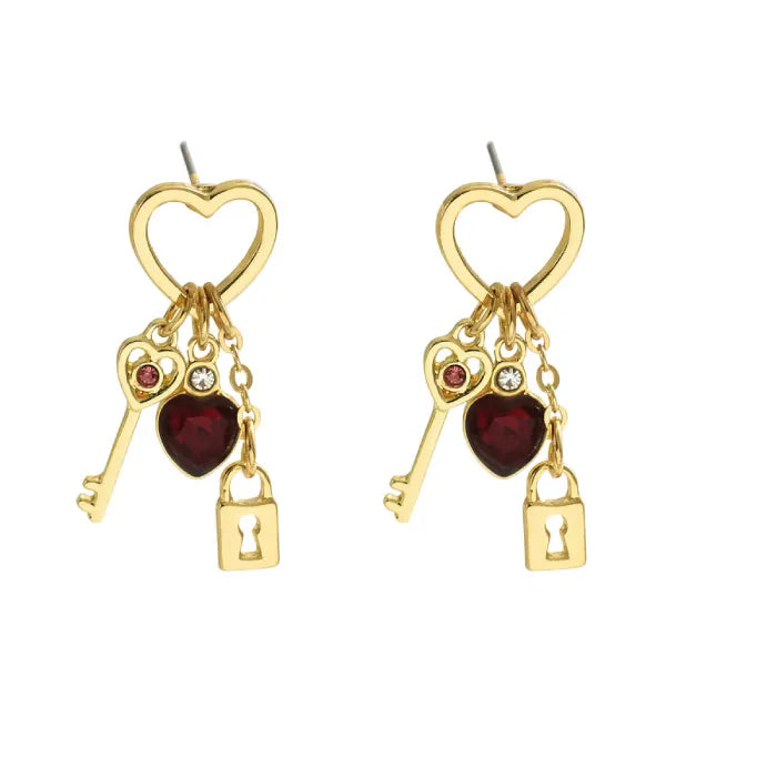 key and locket earrings featuring gold heart tops red heart crystals and dangling key and lock charms on white background