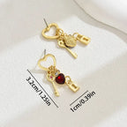 key and locket earrings with gold heart tops red gem hearts and key lock charms shown with measurement details