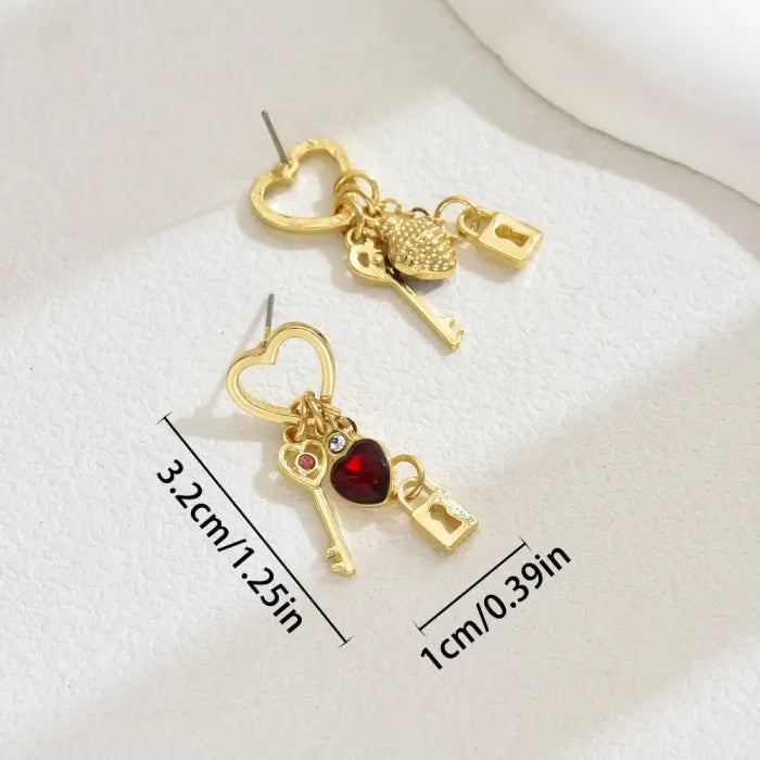 key and locket earrings with gold heart tops red gem hearts and key lock charms shown with measurement details