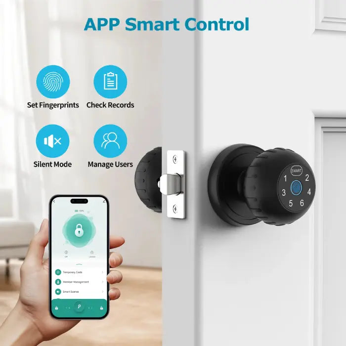 Keyless Fingerprint Smart Door Knob controlled by smartphone app for fingerprints, records, silent mode, and users.