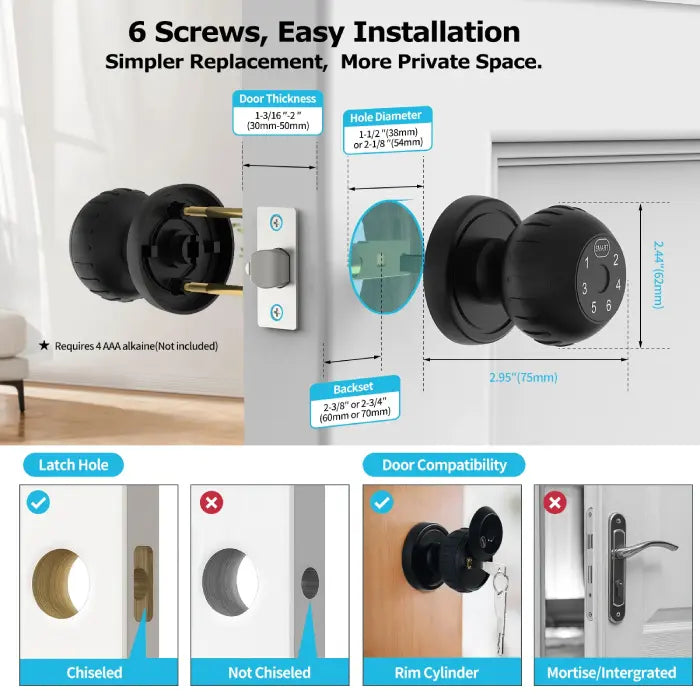 Keyless Fingerprint Smart Door Knob with door measurements, latch hole requirements, and compatibility details.