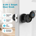 Keyless Fingerprint Smart Door Knob on door showing fingerprint, password, app, and mechanical key unlock options.