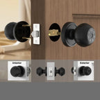 Keyless Fingerprint Smart Door Knob displayed with interior and exterior installation views and door fit diagram.