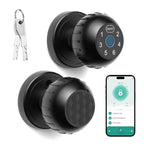Keyless Fingerprint Smart Door Knob with keypad, fingerprint sensor, keys, and smartphone app interface shown.