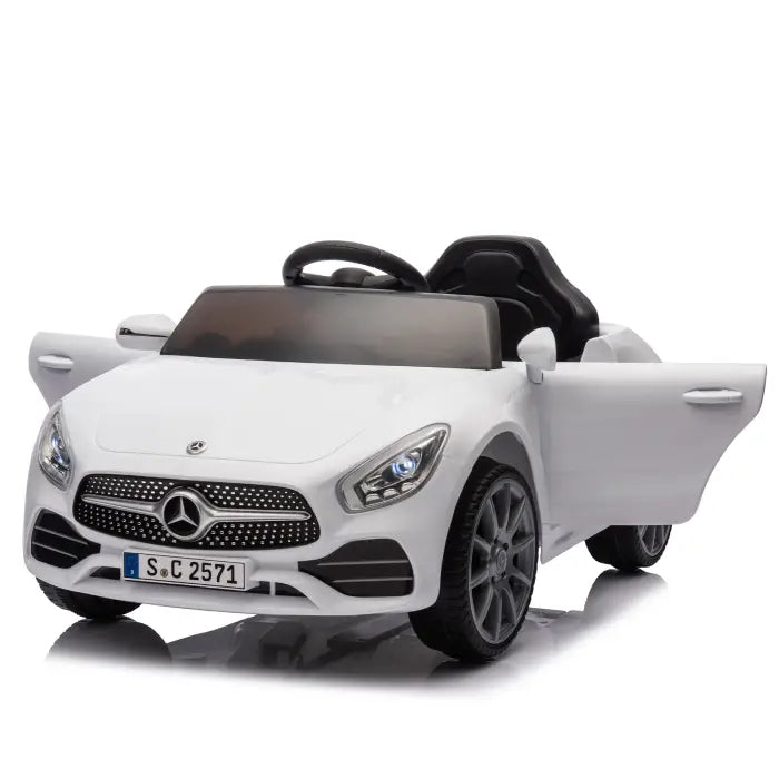 White kids' ride-on car with openable doors, highlighting a sleek design and interactive features.