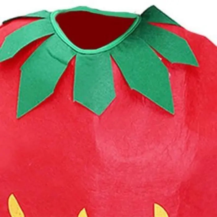 Kids costume strawberry design showing close-up of green leaf collar and red body fabric.