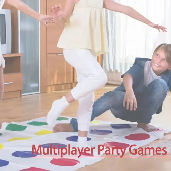 Children enjoying multiplayer twister party game on colorful dot mat in living room setting for interactive entertainment