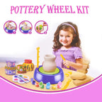 Kids Pottery Wheel Kit with smiling girl using sculpting tool to shape clay on spinning wheel