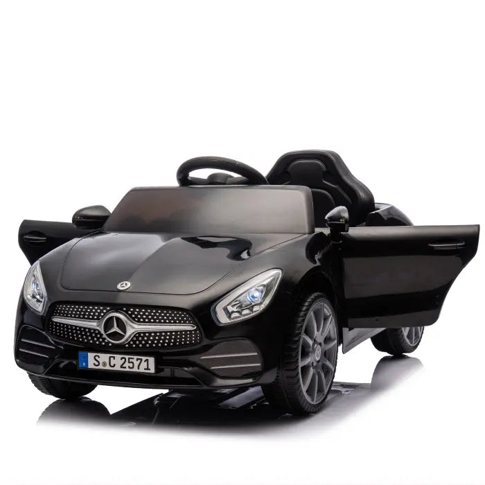 Black ride-on car for kids with openable doors for a realistic and interactive driving experience.